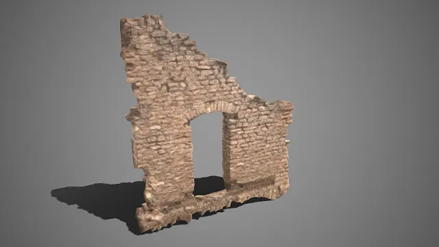 石砌残墙  风化痕迹  粗糙纹理  建筑遗迹  半圆拱门结构  荒废  废墟风