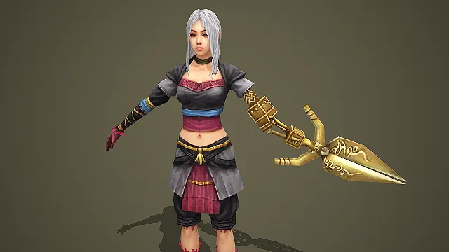 带机械臂武器的白发女刺客游戏角色模型