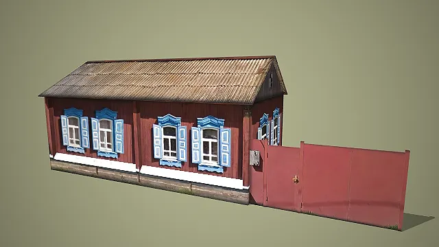 红墙配蓝饰窗带红门围栏的复古乡村平房建筑 3D 场景模型