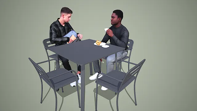 户外休闲桌椅两人交谈场景