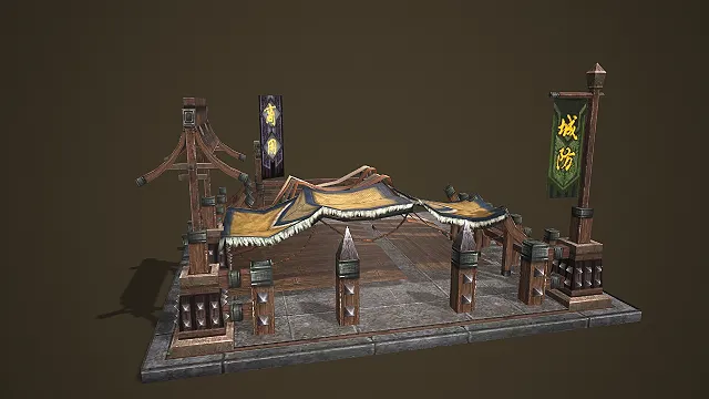 古风城防帐配旗幡的中式军帐建筑 3D 场景模型