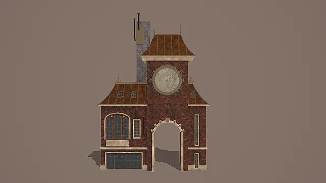 奇幻蒸汽风红砖拱门钟楼建筑3D模型
