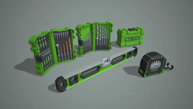 绿黑工业钻头批头套装与水平尺卷尺五件套 3D 模型