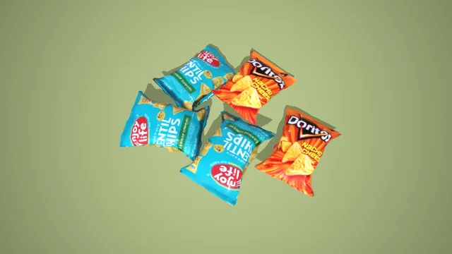 写实风格多口味膨化零食袋组合 3D 食品包装模型