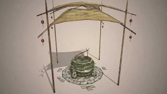 中式古井棚  石质井台  茅草遮阳棚  做旧质感