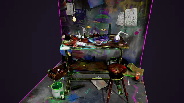 卡通风格3D赛博朋克炼金工作台场景模型，创意设计（卡通赛博朋克炼金台、3D模型、霓虹多彩主色调、炼金工作台场景）