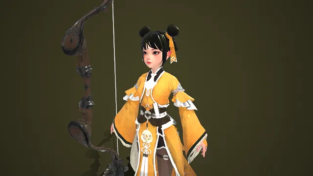 国风  3D 游戏角色  少女形象  萌系丫髻  长弓  传统美学  
