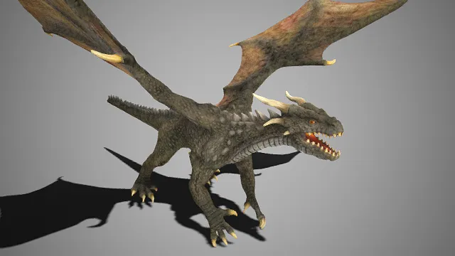 翼龙  灰褐交错的鳞甲  尖锐利齿  奇幻生物形象  魔幻冒险  脊刺  双翼宽大