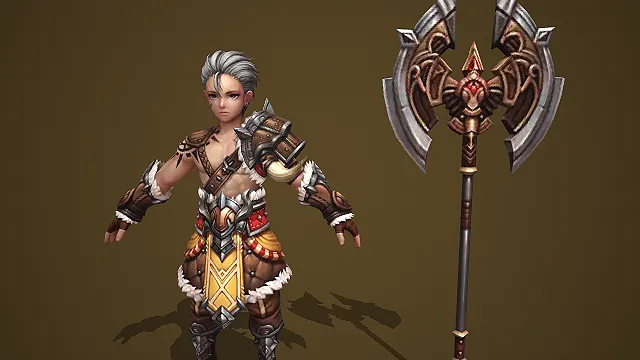 卡通 Q 版夏日沙滩硬汉花衬衫双刃巨斧 3D 游戏角色模型