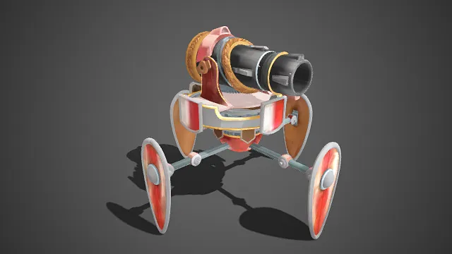 四轮炮车  卡通  盾牌状防护结构  机械装置  黑金色搭配  游戏类场景道具