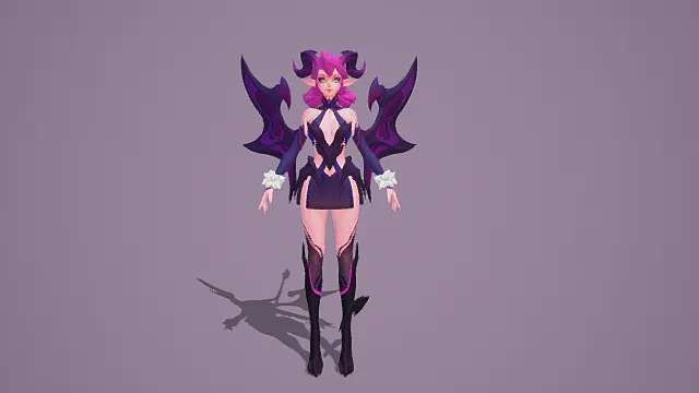 奇幻风格3D魔女角色模型，创意设计（奇幻魔女、3D模型、粉紫长发、恶魔角、蝙蝠翅膀、紧身服饰、灰色背景、动态姿势 ）