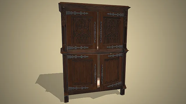 哥特式立柜  深色实木  铁艺合页  雕花门板