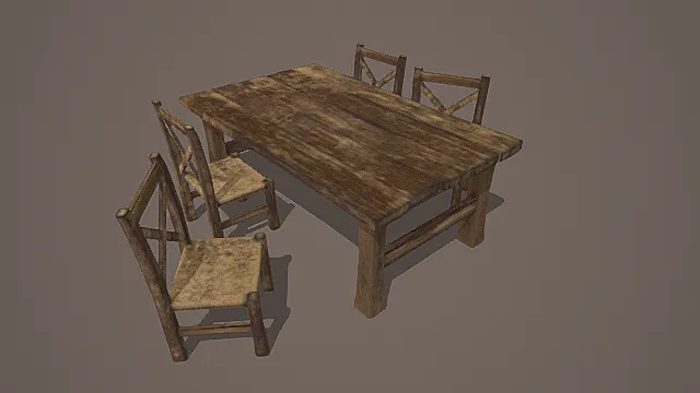 复古原木做旧餐桌椅套装3D模型