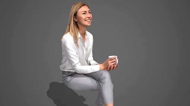 银灰衬衫配灰裤女性坐姿持杯轻职场人物 3D 模型