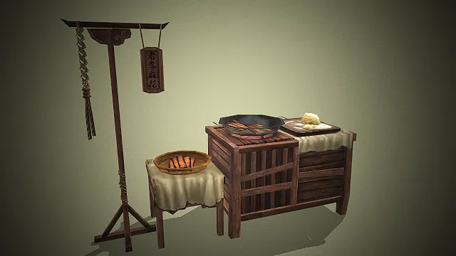 一个写实风格的3D古风麻花摊模型