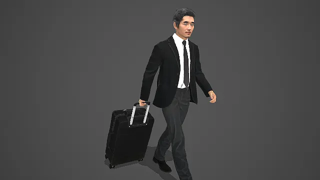 穿西装拖行李箱的商务男性行走写实人物模型