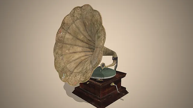 一台带有雕花黄铜喇叭和木质底座的复古留声机3D模型