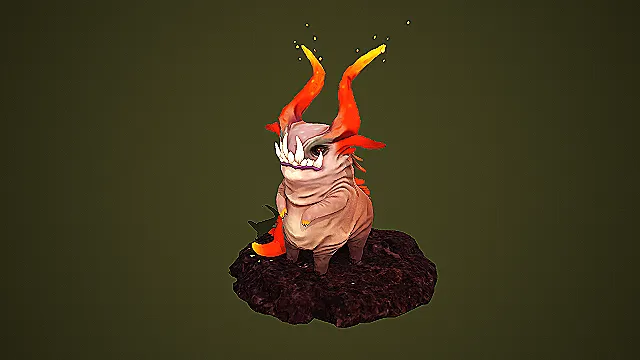 Q 版火焰角萌系魔物幼崽 3D 模型 带岩石底座游戏宠物资产