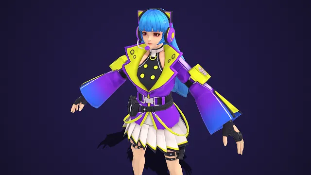 3D 女性角色建模  蓝发造型  猫耳装饰  潮酷装束  紫黄渐变  风格活泼  科技感  潮玩少女  二次元题材 