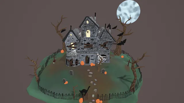 3D卡通风格灰绿橙系万圣节鬼屋场景模型，创意设计（3D场景、卡通风格、万圣节诡异风，场景设计主题）