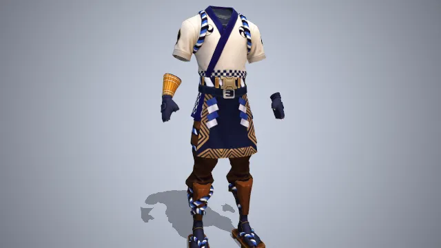 蓝白色武士服  无指手套  木屐  木板  服装