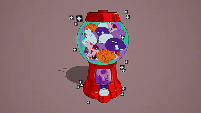 卡通风格猫咪扭蛋机插画，创意设计（猫咪扭蛋机、卡通风格、多彩猫咪、扭蛋元素、创意插画 ）