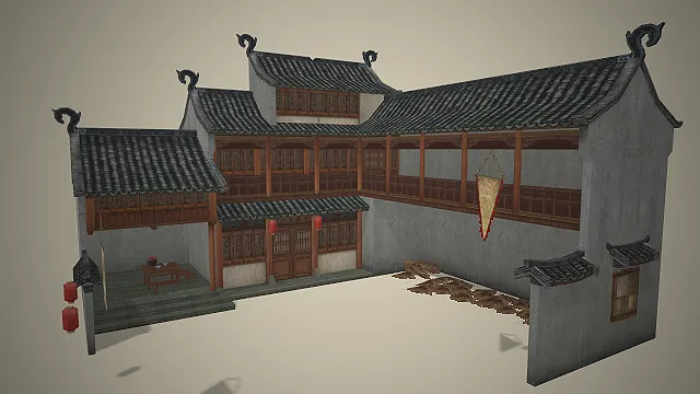 双层走马楼  国风民居  农家院落  低模写实