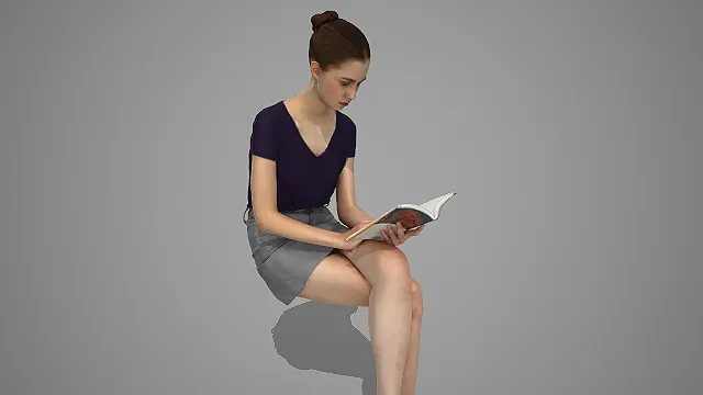 紫 T 恤灰短裙女士坐姿阅读休闲姿态 3D 模型