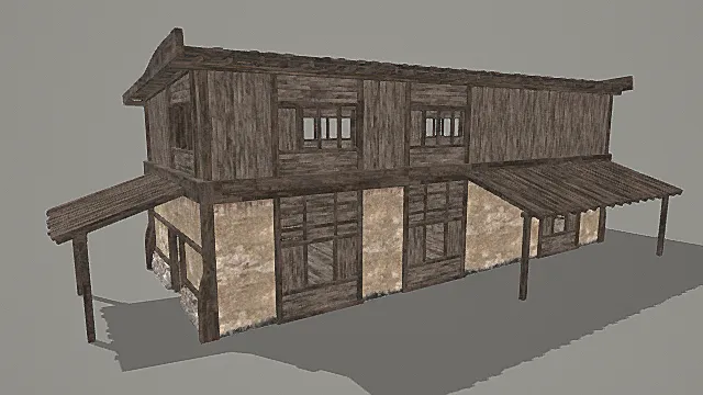 复古做旧木质与夯土结合的两层建筑