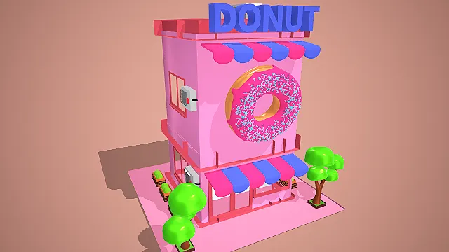 卡通风格甜甜圈主题小店 3D 低多边形城市场景装饰模型