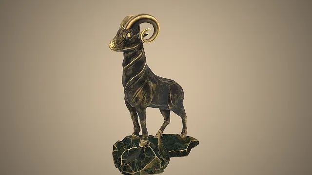 青铜质感的羚羊雕塑3D模型，带有复古做旧的金属纹理