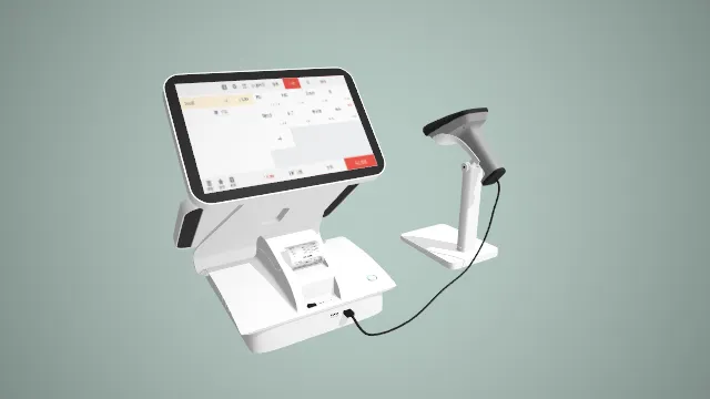 写实风格双屏收银机带扫码枪组合 3D 商用收银道具模型