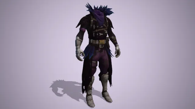 黑紫色外袍衣领带羽毛，小臂小腿处铁甲做保护