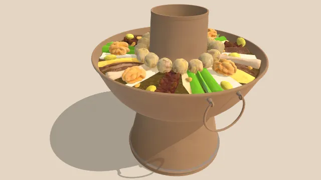 铜锅火锅放有蔬菜鱼丸食物