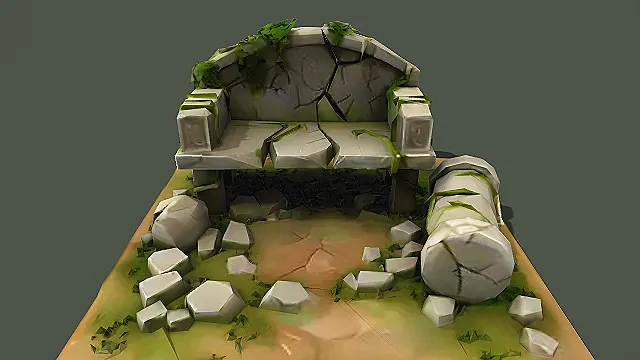 卡通风格复古石制长椅废墟场景3D模型