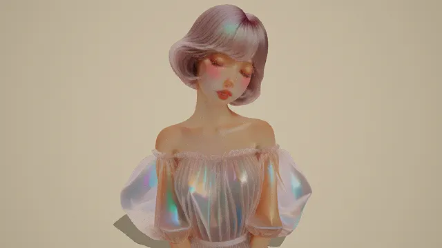 3D写实风梦幻少女角色模型，创意设计（3D少女、写实风格、优雅梦幻，时尚主题，幻彩元素）