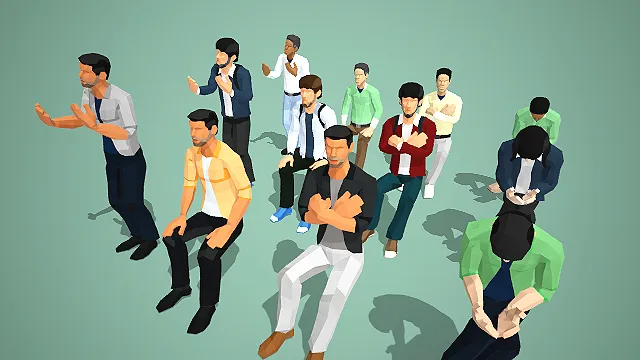 都市青年男性休闲蹲坐姿态角色集群场景人物模型