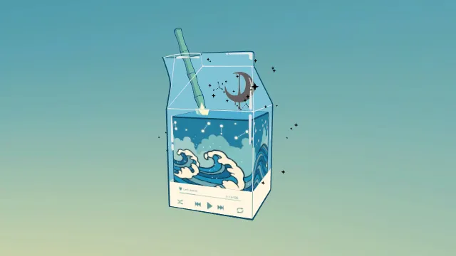 插画风格3D创意饮料盒模型，创意设计（插画饮料盒、牛奶盒造型、海浪图案、星空元素、月牙符号、绿色吸管、音乐播放器界面）