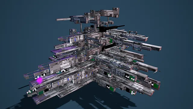 科幻风格3D太空站模型，创意设计（科幻太空站、3D模型、复杂机械结构、金属质感、彩色灯光、深蓝色宇宙背景、独特造型 ）