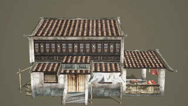 3D写实风中式两层店铺建筑模型，创意设计（3D建筑、写实风格、复古市井，文化主题，物品元素）