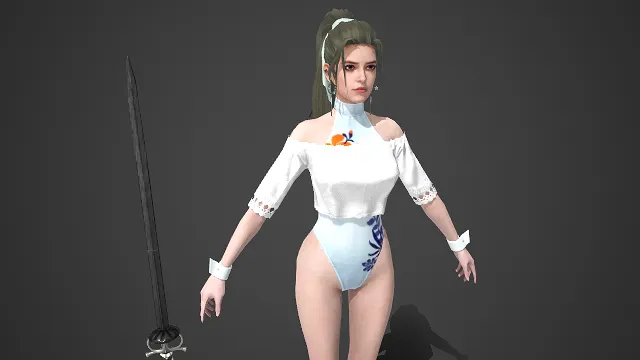 游戏女角色  金属质感  高马尾  未来风  国风纹样  女战士  国风元素  浅蓝银白  