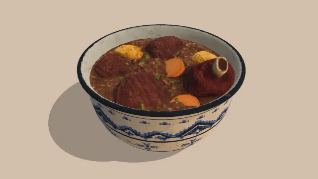 一个白色的瓷碗装这羊肉炖菜食品肉类