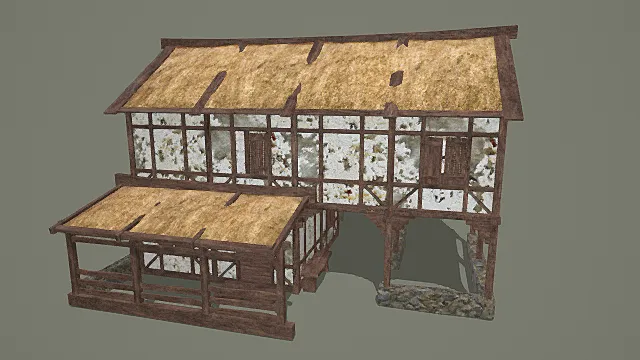 卡通风格中世纪乡村带廊木屋3D模型