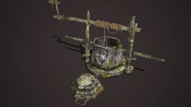 复古风格  水井雕塑  古木构件  麻绳缠绕  古风村落  木质道具  岁月侵蚀痕迹