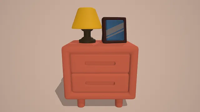 3D卡通Q版风格粉色床头柜场景模型，创意设计（3D场景、卡通风格、温馨简约，卧室主题，卡通元素）