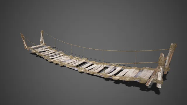 写实风格  木质索桥  朽烂的木板  麻绳  老旧破损  粗糙质感  岁月侵蚀