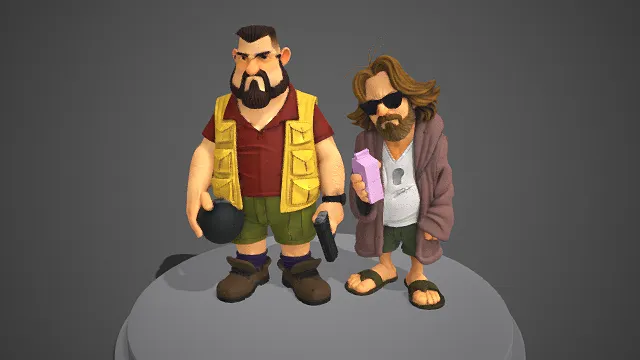 Q 版  双人角色手办  反差造型  胡子男  炸弹与手枪  随性装扮的长发男  神态慵懒  