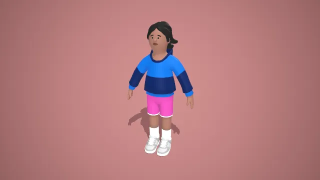 卡通黑发女性角色 3D 模型蓝拼色卫衣款