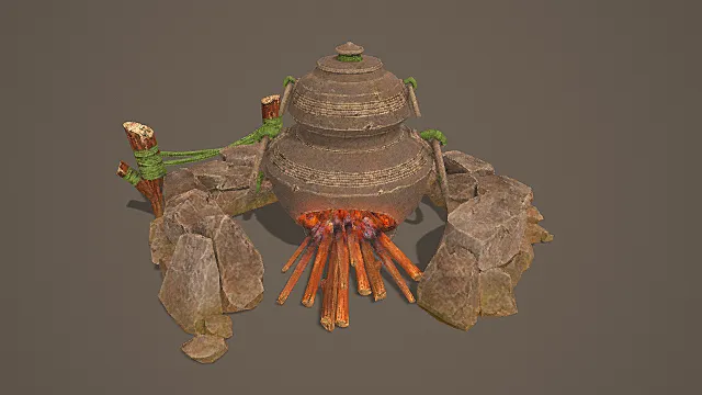 国风山野风格石灶土锅模型 