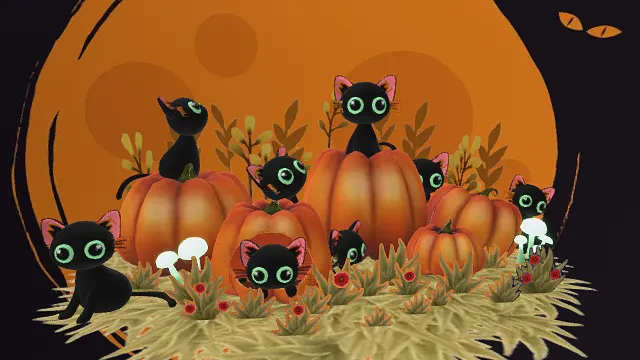 3D卡通风格黑橙绿系万圣节猫与南瓜场景模型，创意设计（3D场景、卡通风格、万圣节奇幻风，场景设计主题）